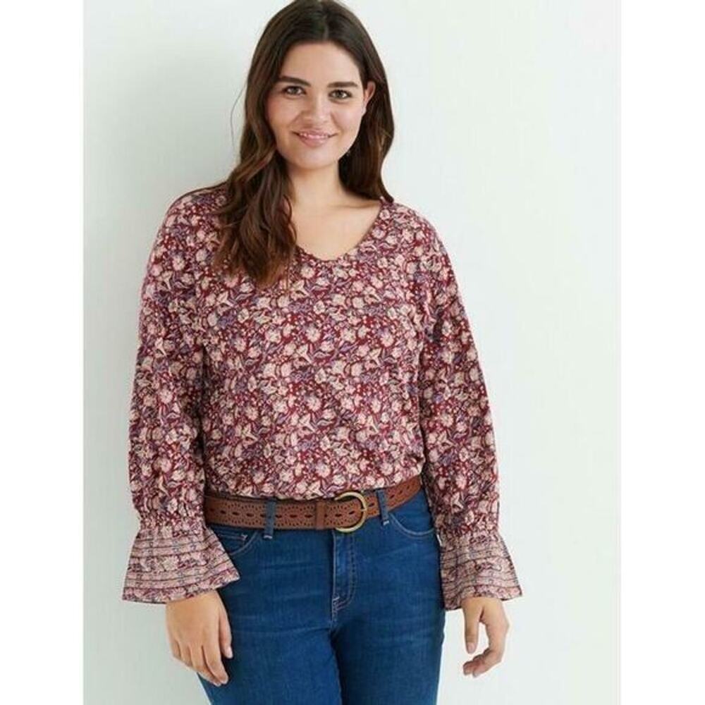 Lucky Brand Women's Plus 1X  Border Print Cinched Sleeve‎ Top Red Floral Blouse